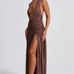 Elegant Halter Maxi Dress with High Slit in Deep Burgundy Black & White Colors