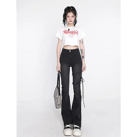 Flare Jeans Women Black Punk Lacing High Waist Stretchy Vintage Slim Denim Trousers Fashion