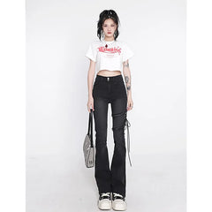 Women's Flare Black Jeans Punk Lacing High Waist Stretchy Self Cultivation Vintage Denim Trousers