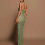 Sexy Halter Deep V-Neck Sequins Maxi Dress Green Sleeveless Backless Sequined Slim Long Dresses Wedding Party Prom Gowns