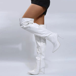 Women's Shiny Mirror Boots Pointy Toe High Thin Heels Above The Knee Boots Zipper