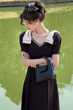 New Fashion Elegant Black Midi Dress Office Party Vintage A-Line V-Neck Pearl Detail Long Dress