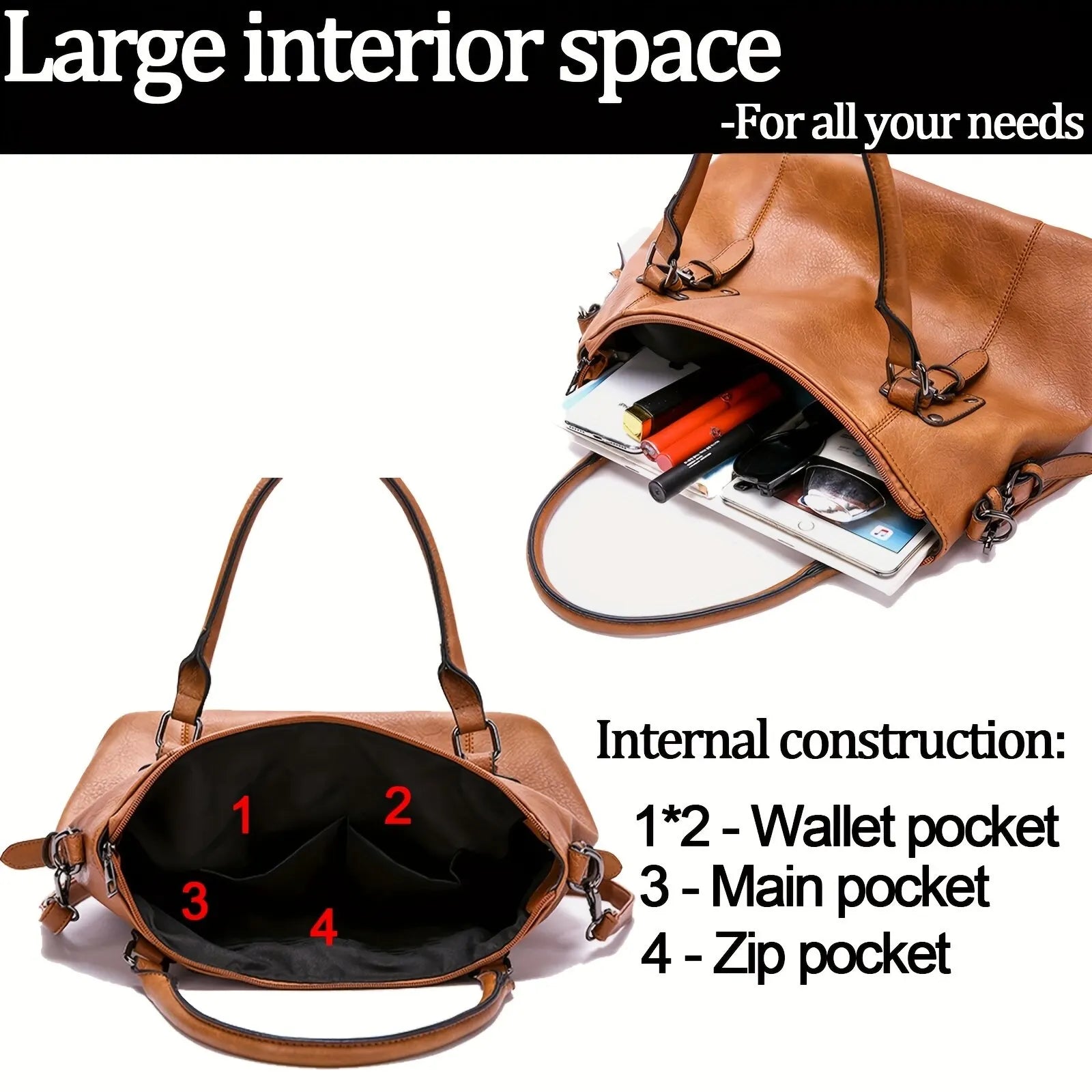 Boutique Fashion Handbag Tote Bag Soft Faux Vegan Leather Retro Design Large Capacity Multi-Pocket Casual Shoulder Crossbody Bag