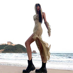 Women's Ruffle Sleeveless Midi Hooded Y2K Beach Dress