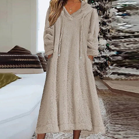 Fleece Hooded Sweatshirt Dress Women Long Sleeve Pullover A-Line Warm Loose Casual Fashion