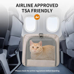Pet carrier with a cat inside, placed on an airplane seat, with 'Airline Approved TSA Friendly' text above.