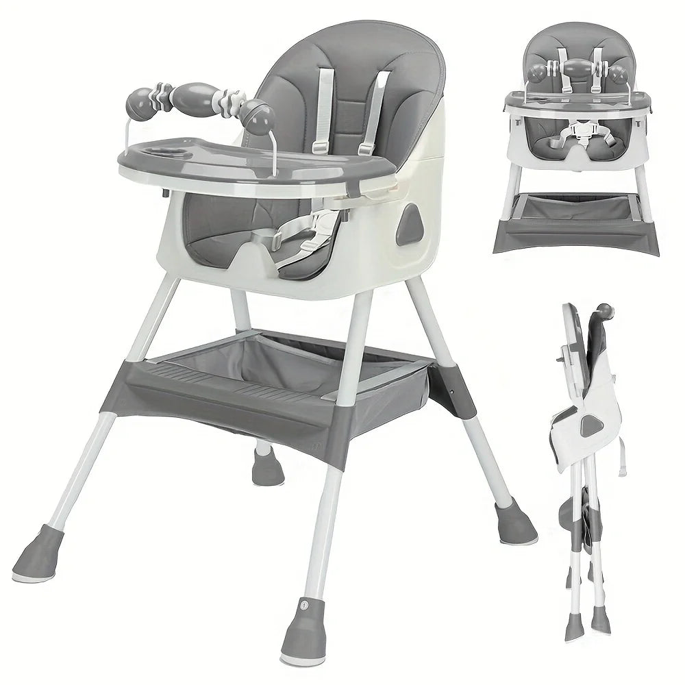 Gray and white high chair with tray and base on a white background