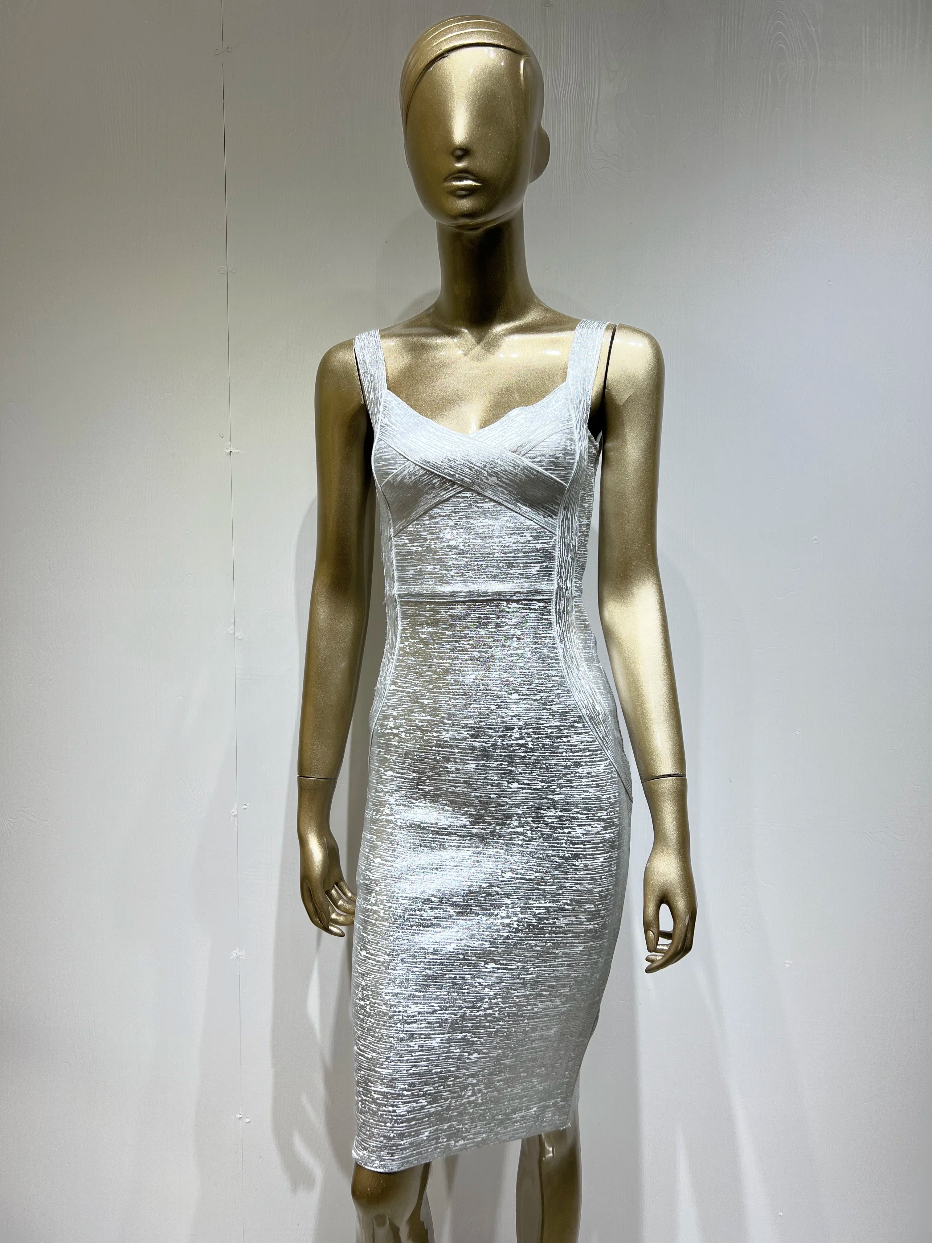 Boutique Designer Style Sexy Metallic Sleeveless Backless Short Dress Gold Silver Midi Bodycon Bandage Dress Elegant Evening Wedding Party Dress