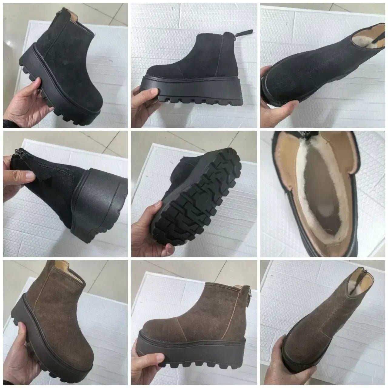 Collage of black and brown boots being held and shown from different angles.