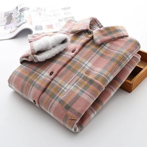 Velvet Plaid Flannel Jacket Women Thick Soft Warm Vintage Casual Fall Outerwear Fashion