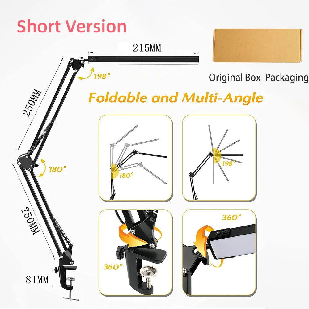 Foldable and multi-angle camera boom arm with measurements and packaging details on a white background.