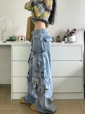 Cargo Jeans American Style Street Style Baggy Cargo Pants for Women Multi-pocket Wide Leg Denims