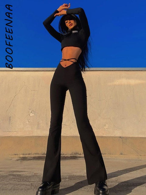 Lace-Up V-Waist Pants Women Stretchy Casual Chic Streetwear Fashion Trousers