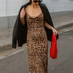 Leopard Print Satin Slip Dress – Sleeveless Cowl Neck Maxi Dress Spaghetti Strap Backless Ruffles Party Gown