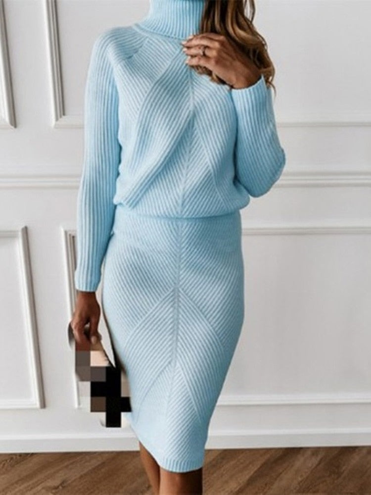Turtleneck Loungewear Set Work From Home Knit 2 Piece Set Pencil Skirt and Pullover Sweater