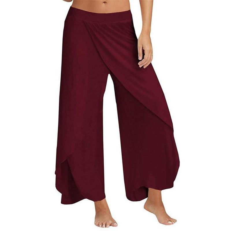 Women's Slit Flared Palazzo Trousers Wide Leg High Waist Loose Chiffon Yoga Pants