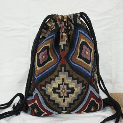 Women's Fabric Backpack Bohemian Hippie Chic Soft Brown Bag Drawstring Backpack