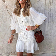 Women's White Lace V Neck Short Sleeve Dress Hollow Out Embroidered Button Party Dress