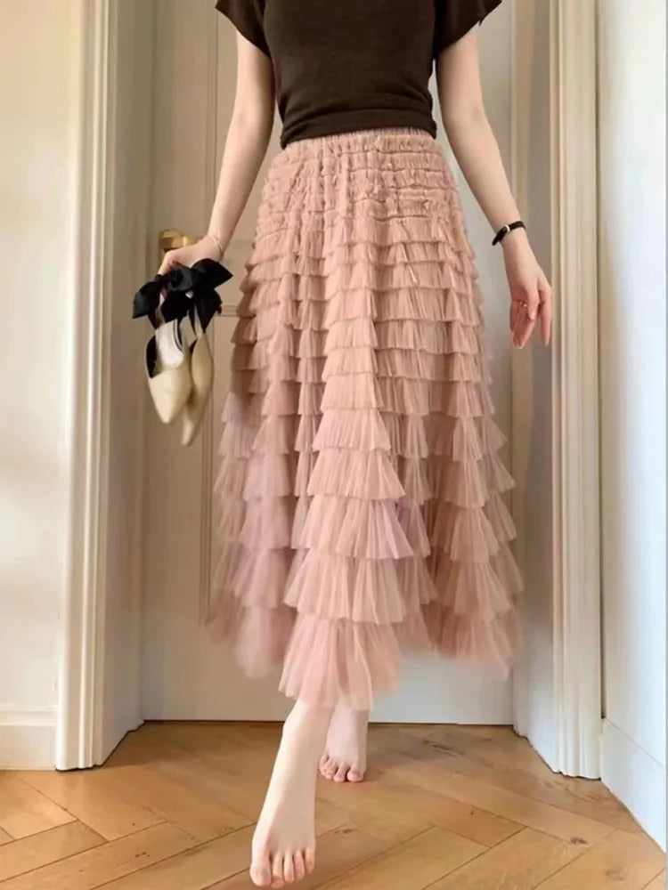 Women's Layered Ruffles Mesh Sheet Midi Long A Line Skirt Puffy Cake Elegant Vintage Elastic Waist Tulle Skirt