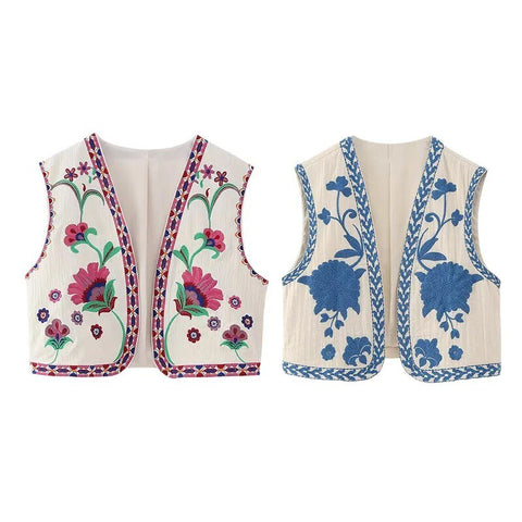Floral Embroidered Vest Women Vintage Waistcoat Traditional Boho Open Blazer Casual Fashion Top