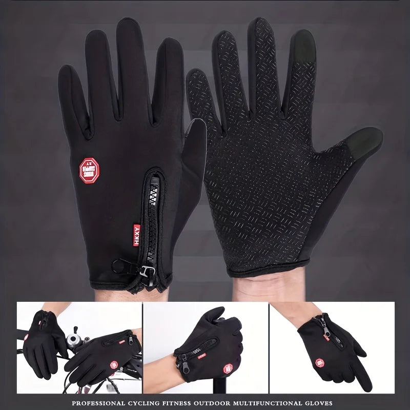 Black cycling gloves with a brand logo on a dark background