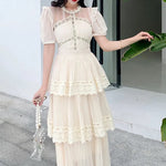 Women's Lace Long Dress High Quality 3 Tier Ruffles Boutique Design Short Sleeve Lace Patchwork Dress