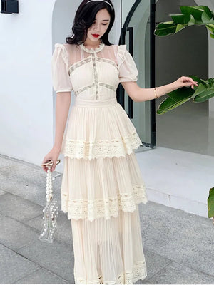 Women's Lace Long Dress High Quality 3 Tier Ruffles Boutique Design Short Sleeve Lace Patchwork Dress