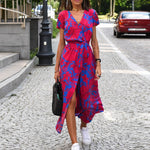 Summer Floral Print Long Dresses for Women V-Neck Split Lace-up Short Sleeve Midi Dress