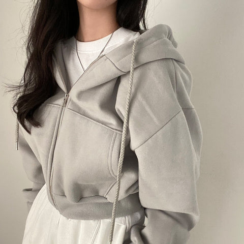Hooded Fleece Jacket Women Korean Style Short Warm Zipper Casual Autumn Winter Outerwear