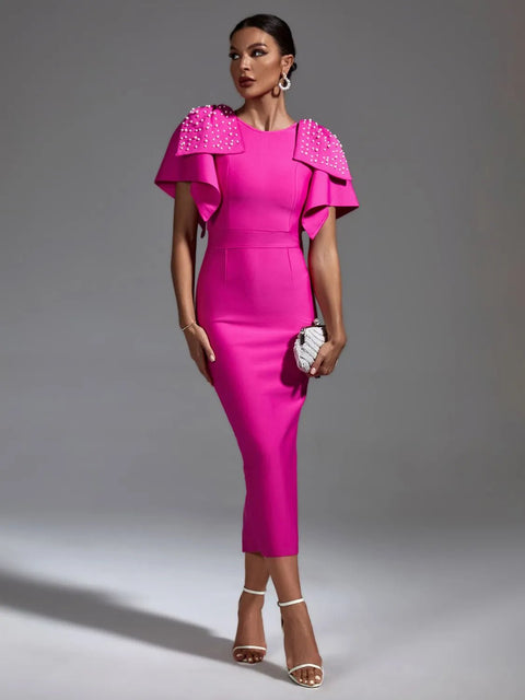Midi Dress Women Pink Bandage Bodycon Elegant Beaded Ruffle Evening Club Wedding Guest Party Dress
