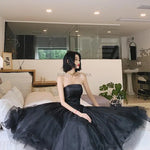 Elegant Strapless Black Tulle Midi Dress Prom Gown