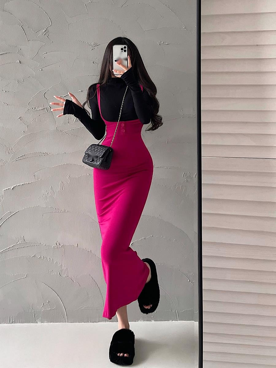 Stylish Maxi Dress with Fishtail Hem High Waist Long Sleeve T-shirt Hip Fishtail Strap