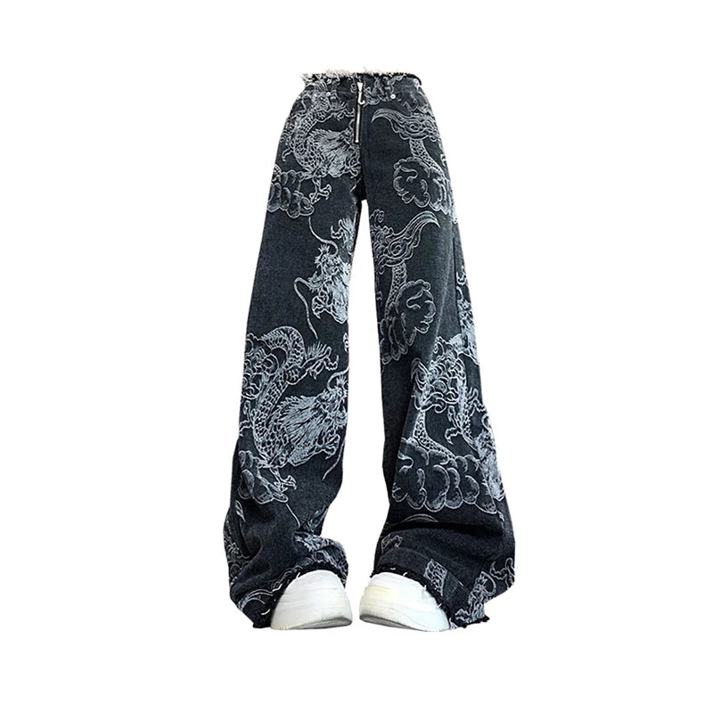 New Fashion Women's Gothic Dragon Print Jeans Baggy Vintage Aesthetic Pants Denim Trousers Y2k Jeans