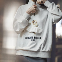 Dancing Ballet Cat Half-Cardigan Cartoon Sweatshirt Stand Collar Casual Loose Top Long Sleeve Pullover Light Gray Sweat Top