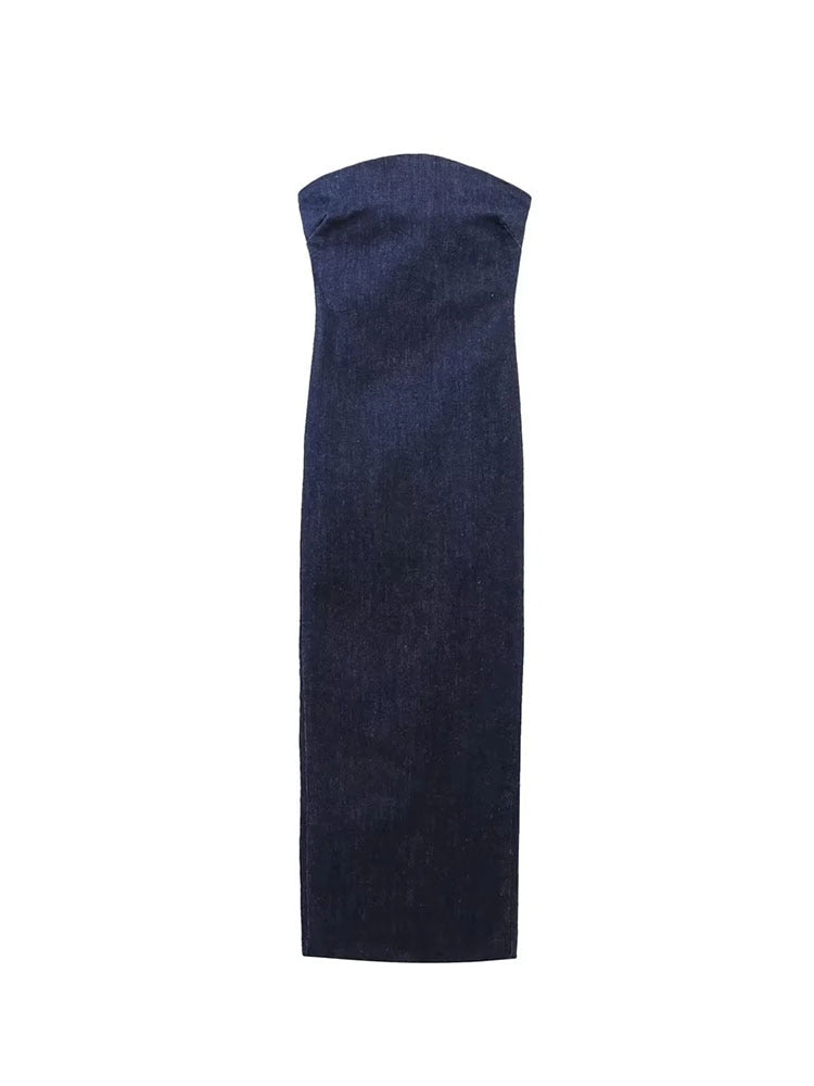 Women's Strapless Backless Zipper Split Dress Blue Denim Long Party Frayed Dress