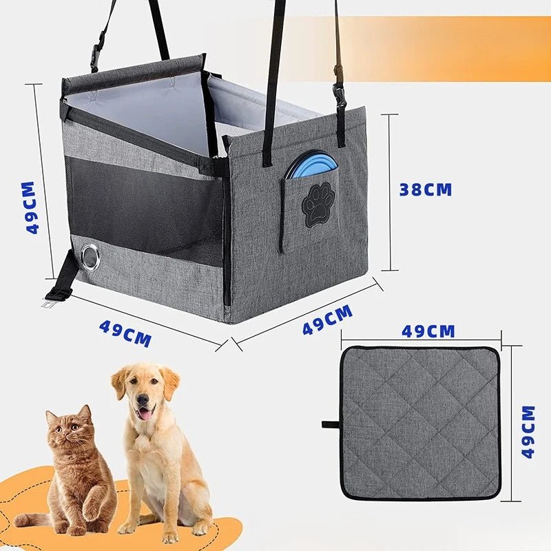 Pet car seat carrier with dimensions and a cat and dog sitting on an orange background