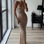 Elegant Sequin Maxi Dress High Fashion Glitter High Waist Bodycon Sexy Diamond Backless Spaghetti Strap Evening Prom Dress