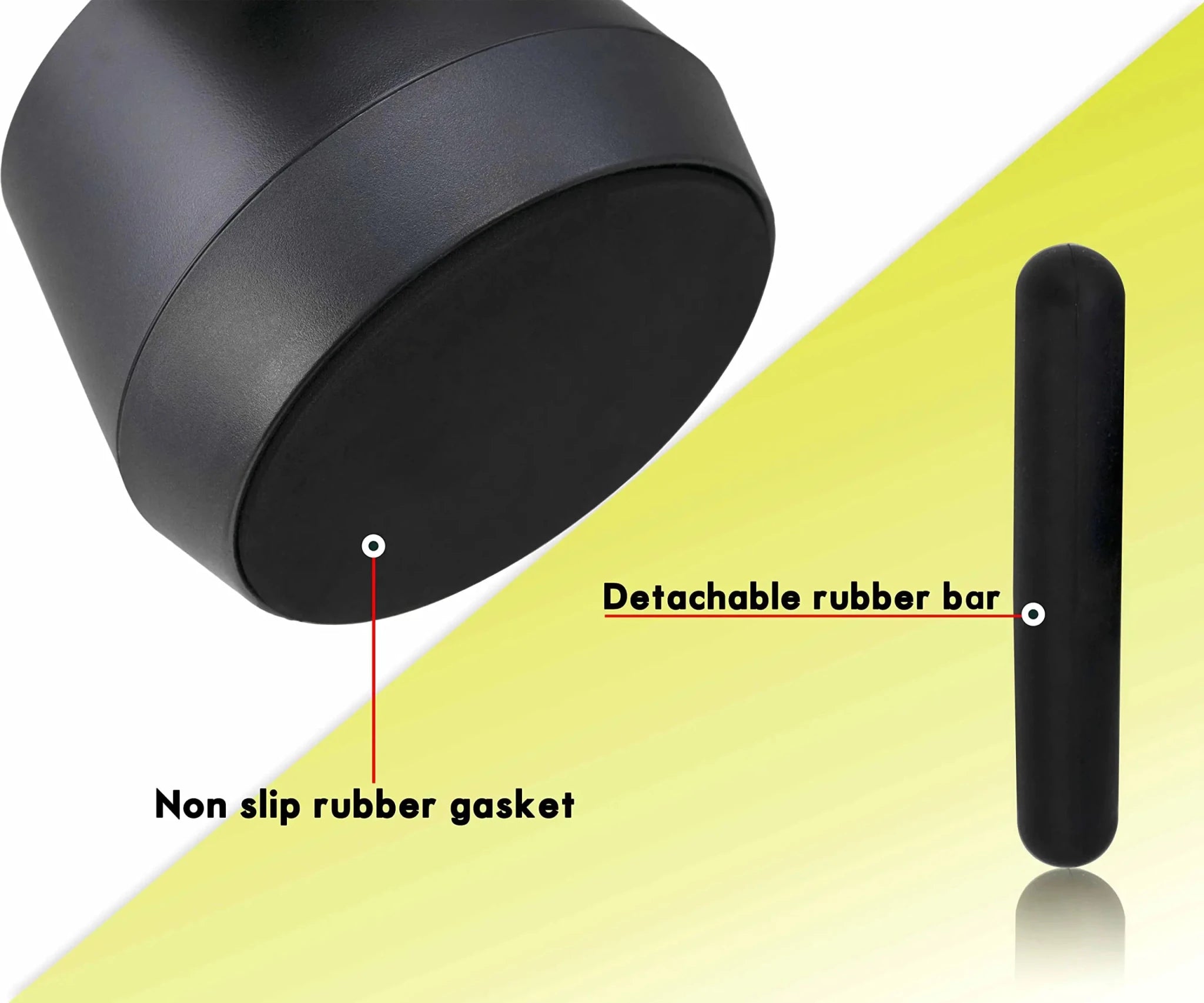 Black rubber gasket and detachable bar on a yellow and white background