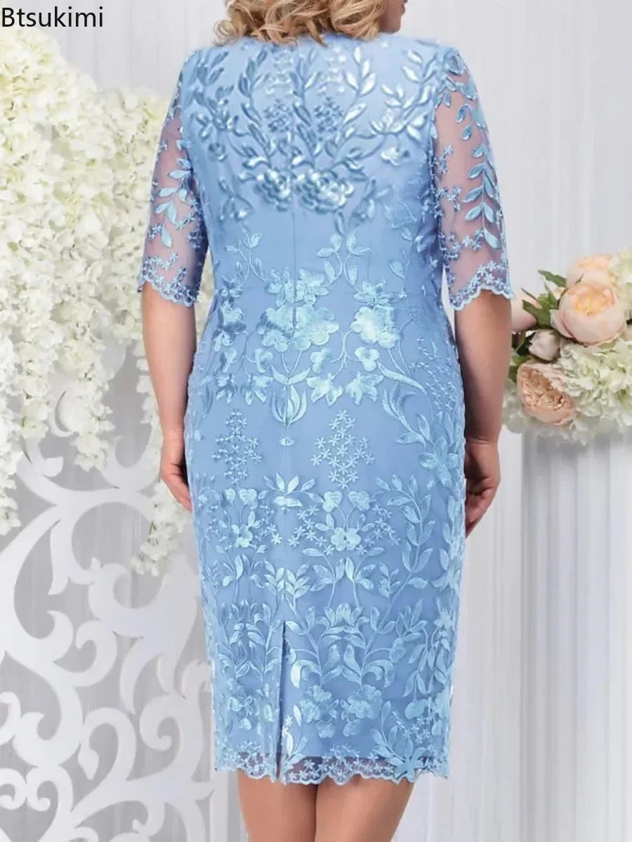 Elegant Lace Embroidered Midi Dress – Wedding Guest Gown