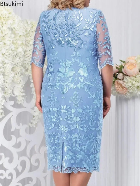 Lace Midi Dress Embroidered Wedding Guest Formal Cocktail Party Elegant A-Line Women Short Sleeve