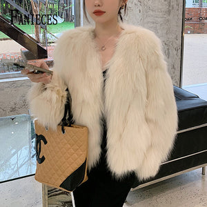 Women's Faux Fur Coat Luxury Collarless Short Elegant Shaggy Artic Fox Faux Fur Coat Bridal Bolero Shrug
