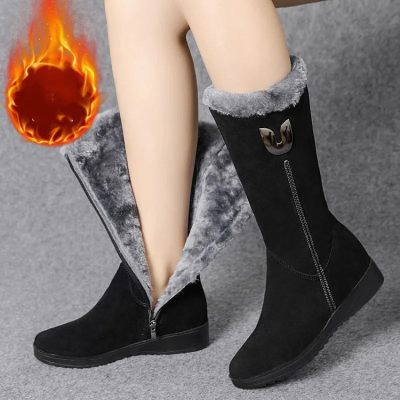 Women's High Faux Suede Boots Fur Lined Warm Winter Boots Mid-Calf Plush Flat Boots Zipper