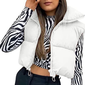 Ultra-Insulated Padded Puffer Vest with High Neck and Adjustable Hem Crop Top Vest