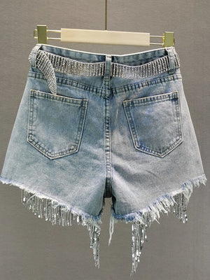 Elegant Wide Leg Denim Shorts Tassel Beading High Waist Casual Women's Shorts