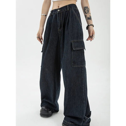 Jeans Women Vintage Blue High Waist Straight Baggy Wide Leg High Street Fashion Denim Trousers