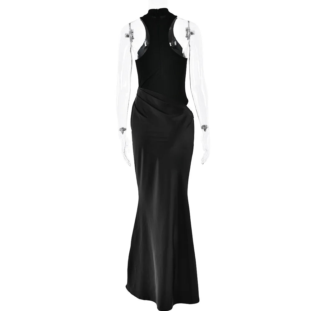 Elegant High-Neck Sleeveless Evening Gown with Draped Satin Skirt