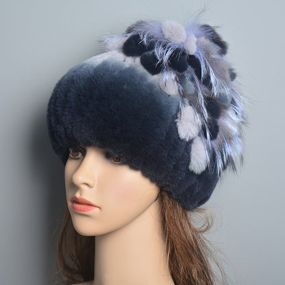 Women's Genuine Rex Rabbit Fur Hat Striped Top Flower Warm Real Fur Knit Beanie Caps