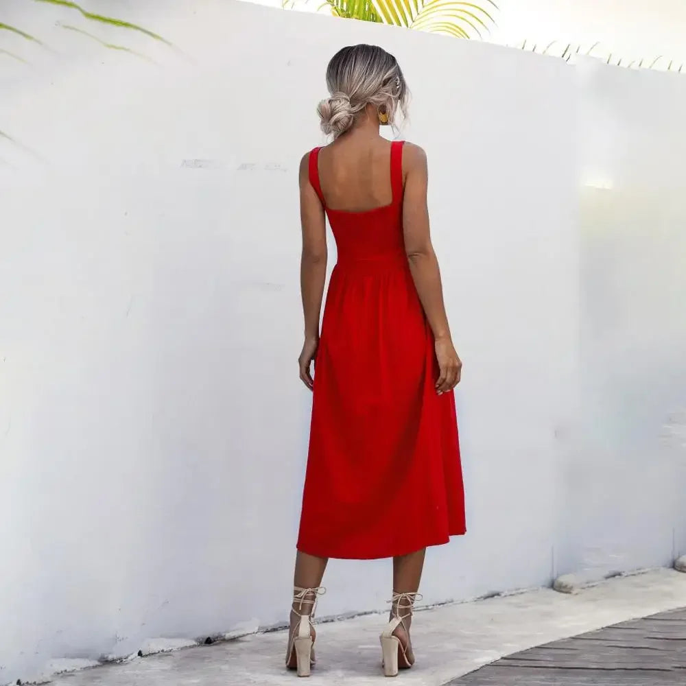 Long Backless Summer Dress Sexy Casual Ruched Midi Sundresses Pleated Spaghetti Straps