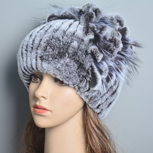 Women's Genuine Rex Rabbit Fur Hat Striped Top Flower Warm Real Fur Knit Beanie Caps