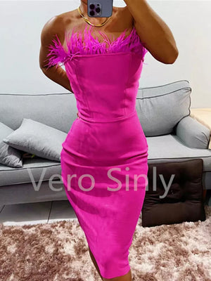 Sexy Strapless Backless Feather Midi Dress for Women Bodycon Bandage Dress Boutique Fashion Party Clubwear Dress